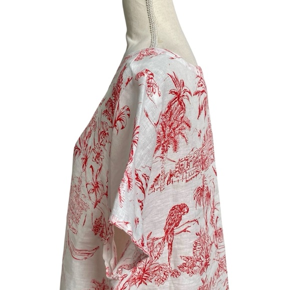 Joie Linen Blouse Coral Red Tropical Print Boatneck Short Sleeve Top Size 1X - Picture 6 of 12